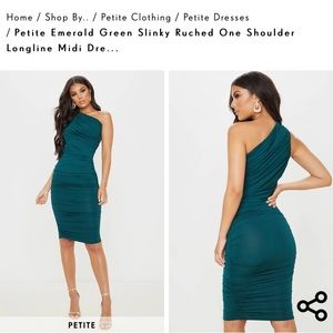 Petite Emerald Green Slinky Ruched One Shoulder Longline Midi Dress